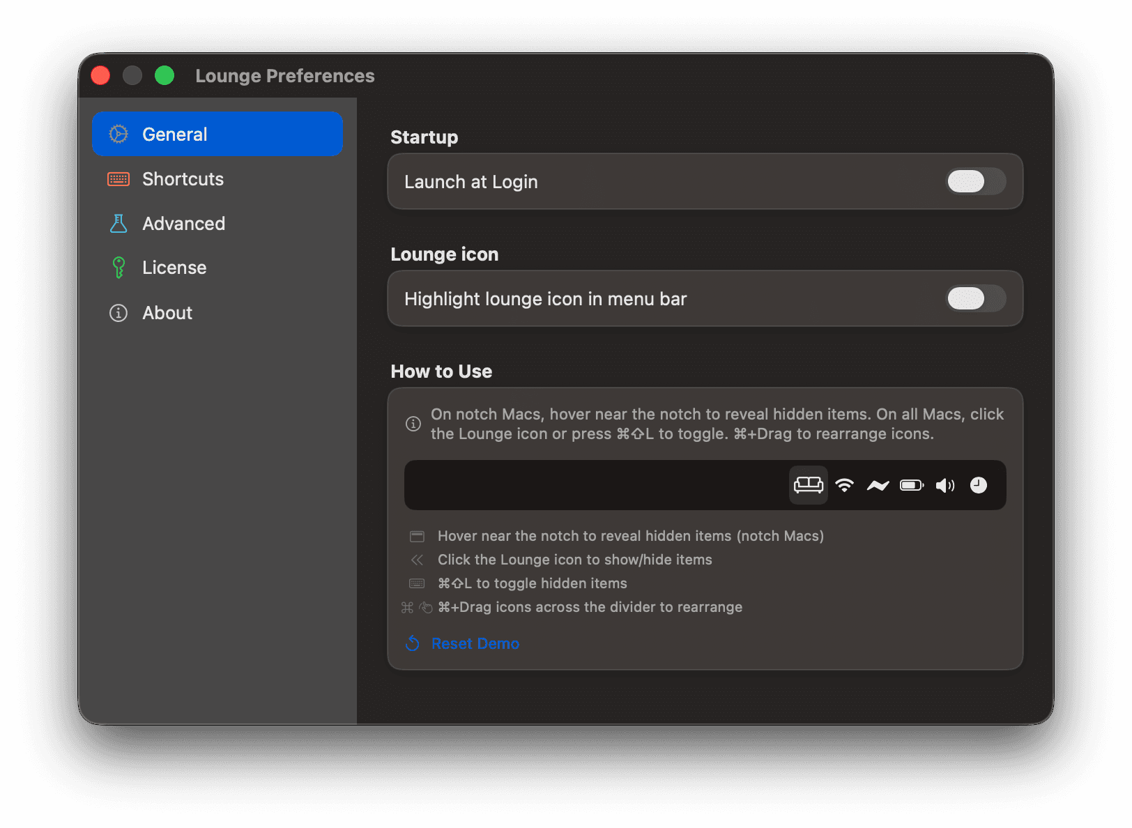 Lounge, gestore della barra dei menu per macOS — schermata di Preferenze potenti