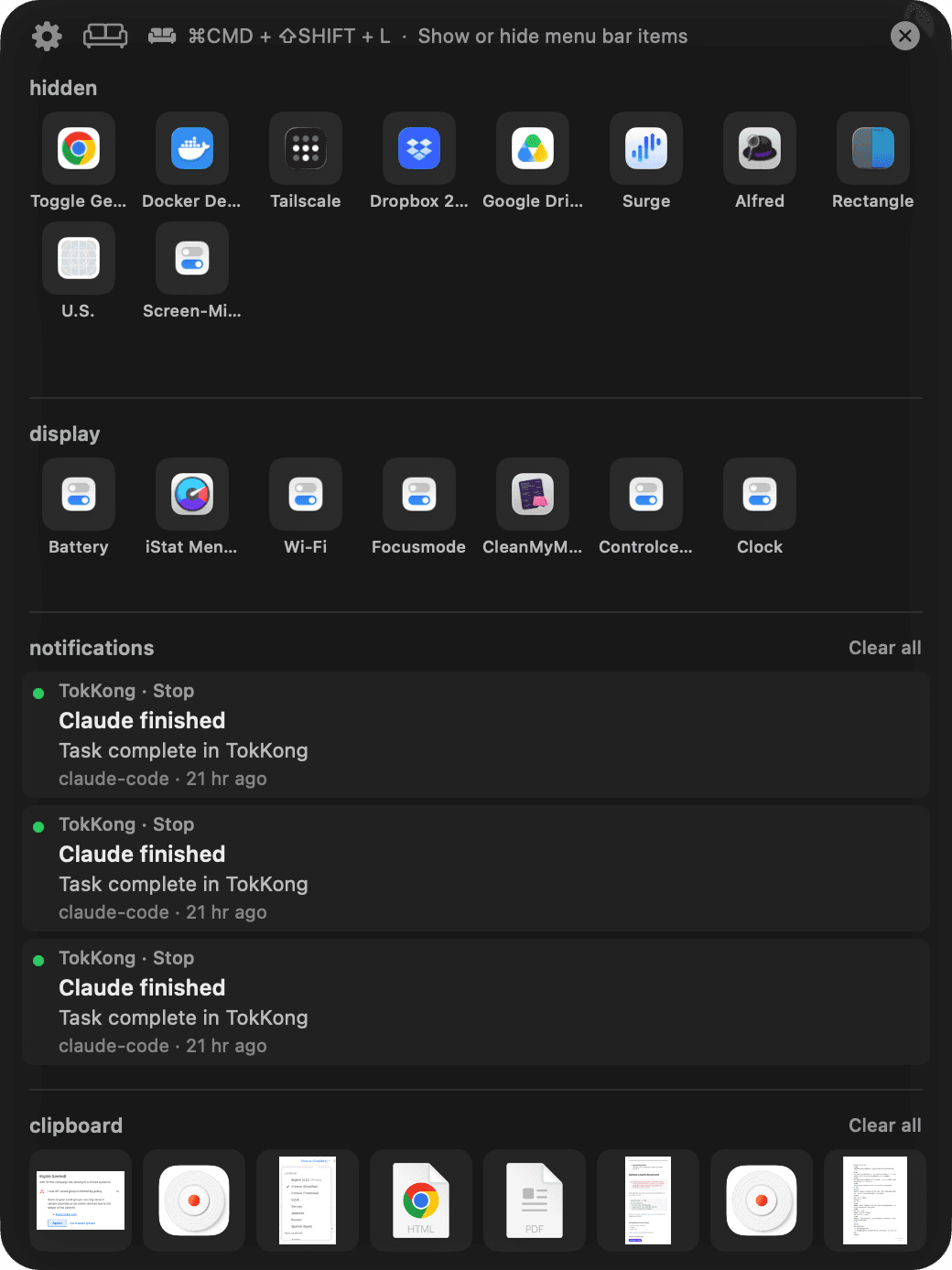 Lounge, gestore della barra dei menu per macOS — schermata di Pannello consapevole del notch