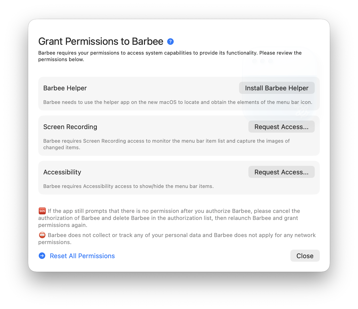 Barbee's onboarding requiring a helper, screen recording, and accessibility
