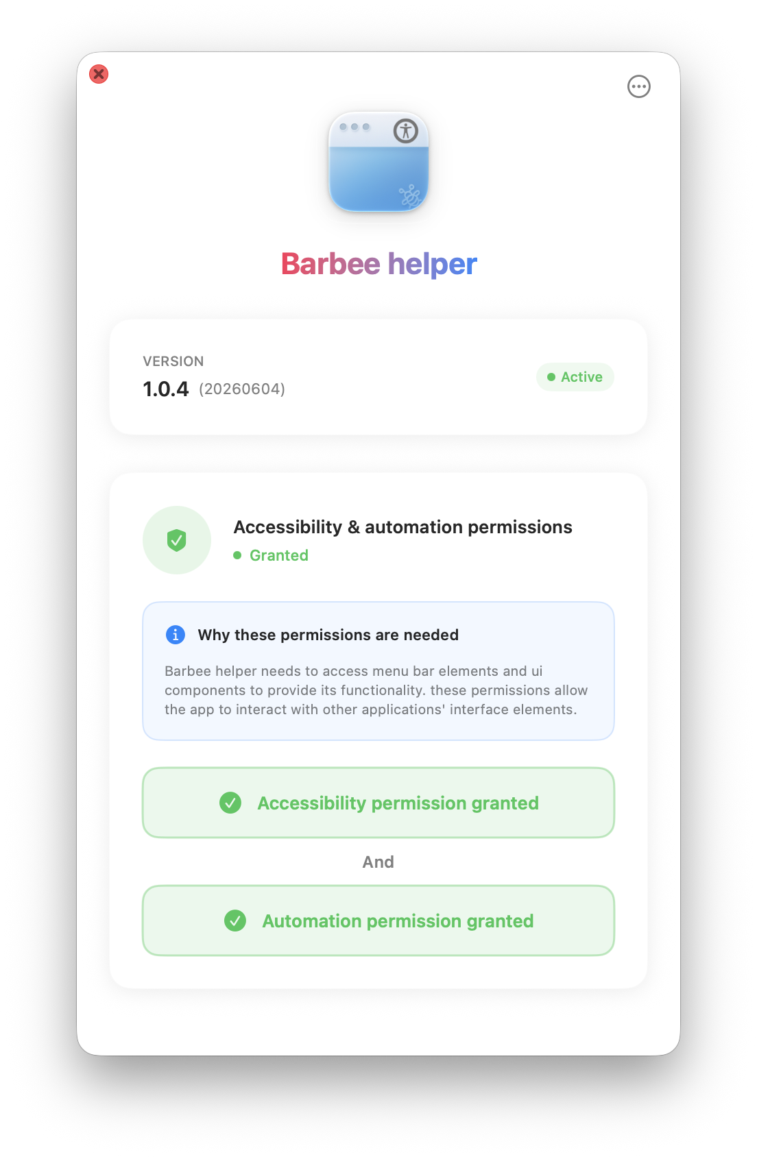 Barbee Helper showing as Active with all permissions granted