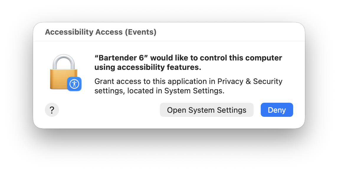 Bartender 6 requesting Accessibility control access