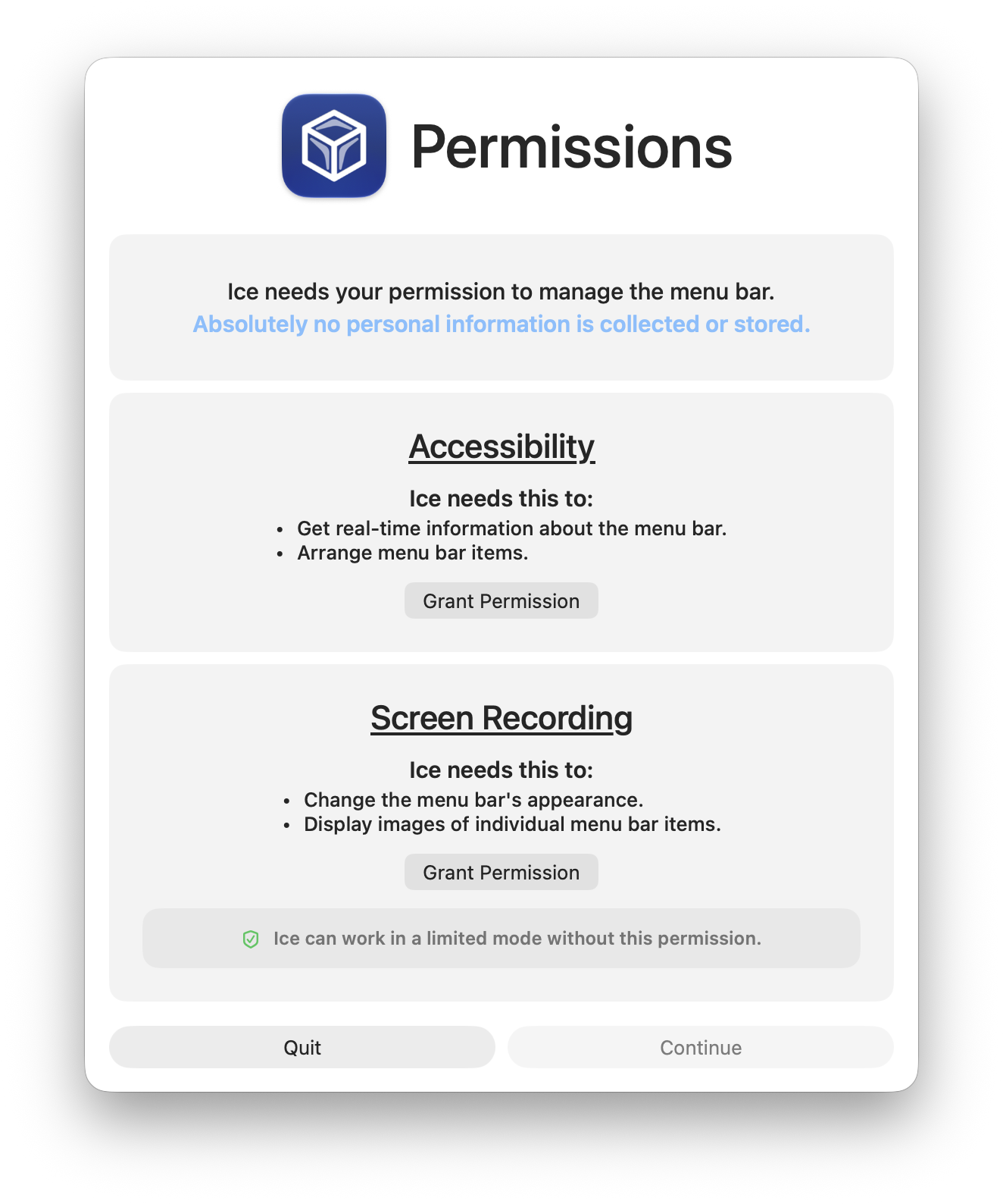 Ice's permissions panel showing it can work in a limited mode without screen recording