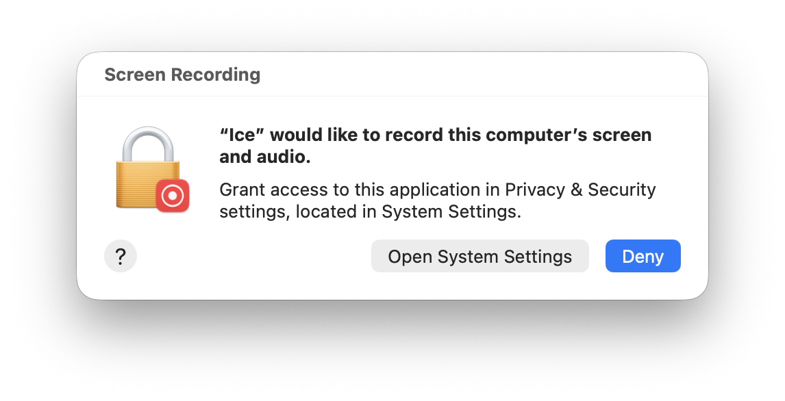 The macOS screen recording prompt triggered by Ice on macOS 27
