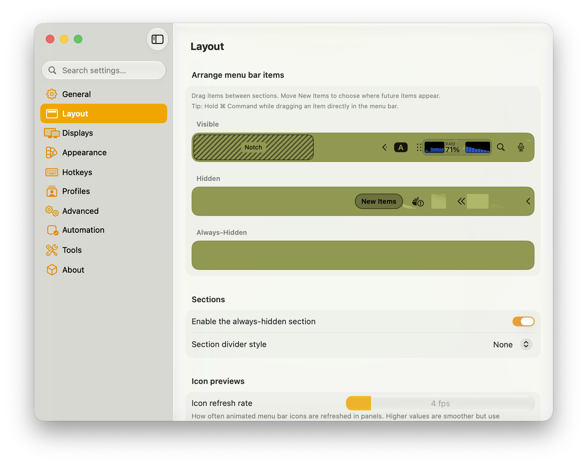 Thaw's Layout editor showing generic placeholder tiles instead of real menu bar icons