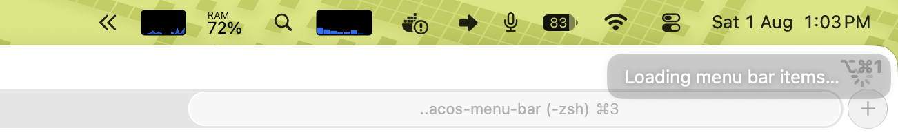 A menu bar stuck on "Loading menu bar items…" during Thaw testing