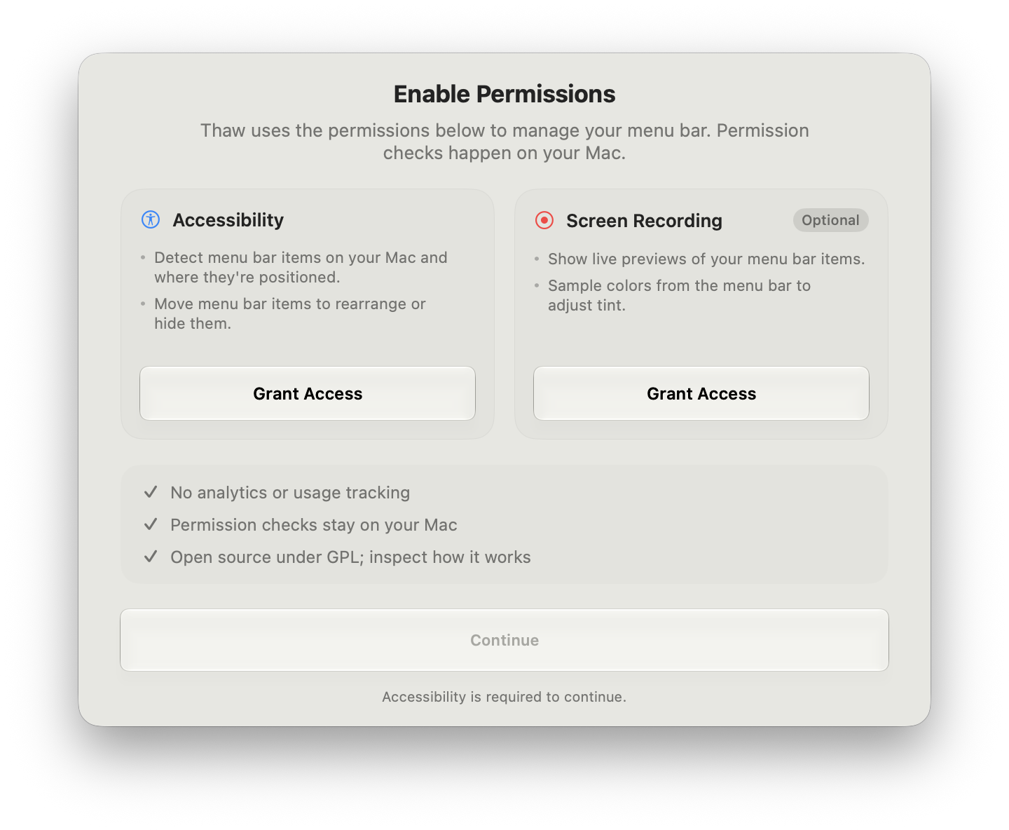 Thaw's permission screen marking Screen Recording as Optional