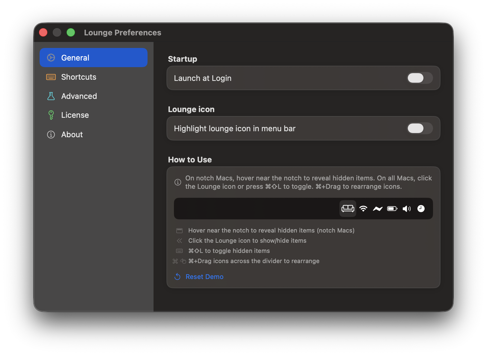 Lounge's main settings and preferences panel