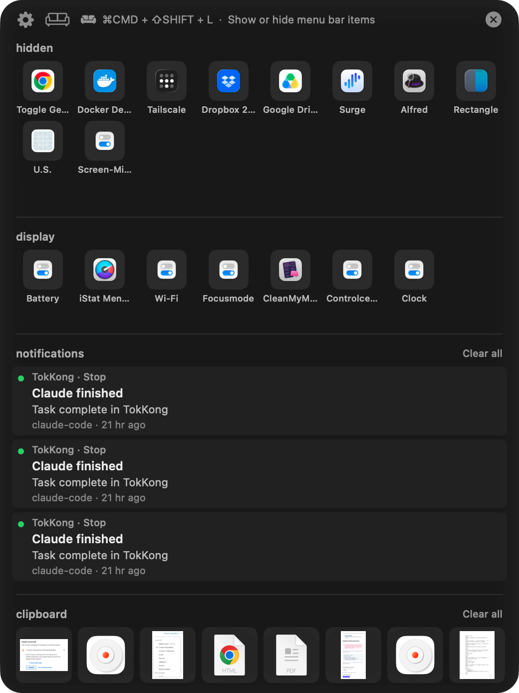 Lounge's notch-aware panel showing hidden and visible menu bar icons with clipboard history